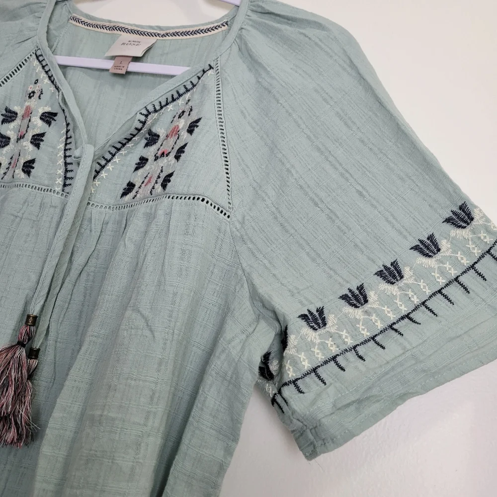 KNOX ROSE Boho Embroidered Gauze Cotton Bobydoll Top L - Picture 6 of 10
